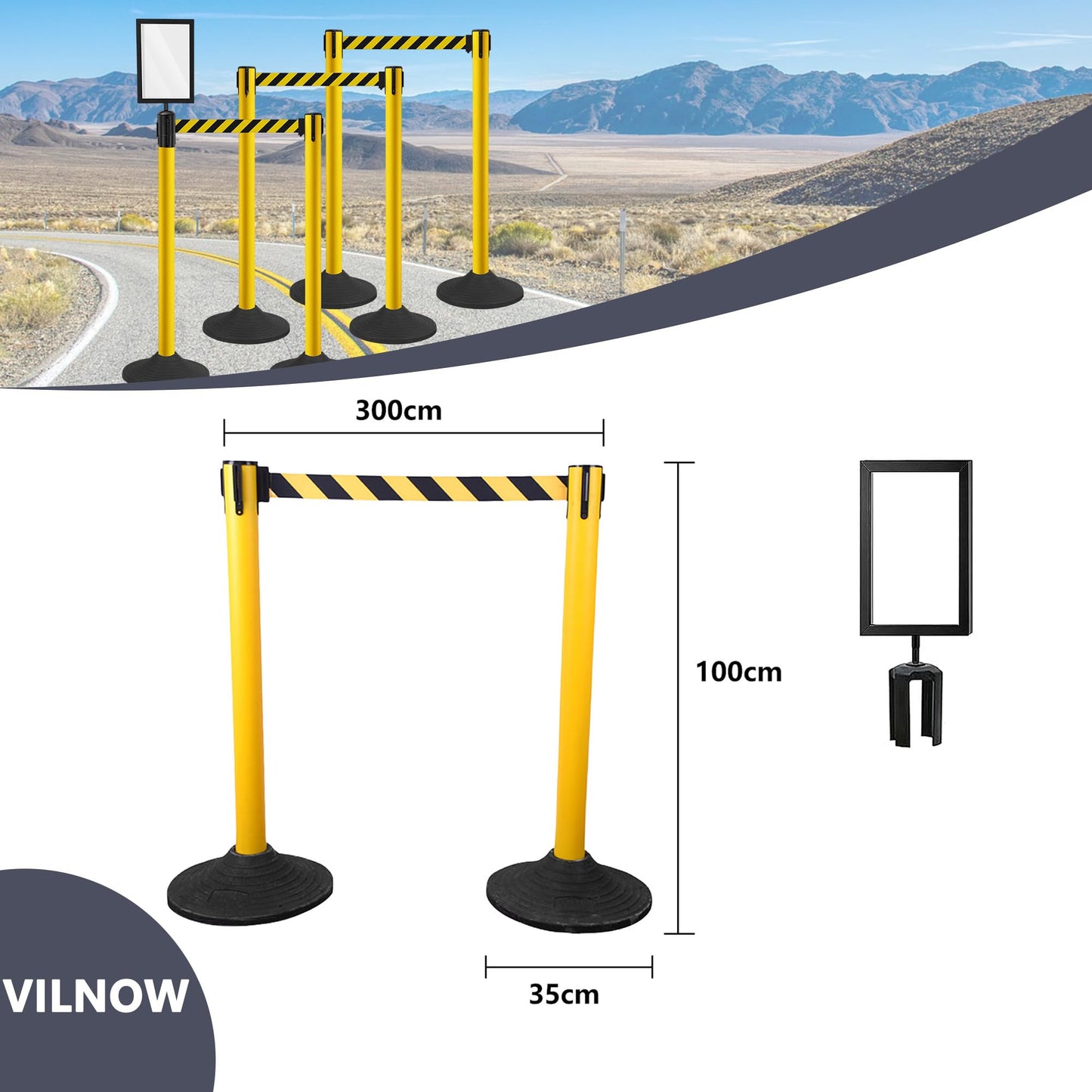 Vilnow Edelstahl Absperrpfosten Seil Abgrenzungsständer,4 Packung Crowd Control Barriers,Gelb-schwarz,wird in Flughäfen, Hotels und Ausstellungshallen verwendet