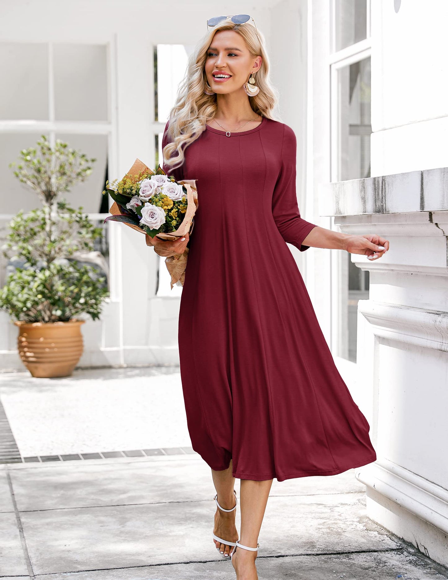 Hotouch Damen Kleid Rundhals Freizeitkleider Vintage Tunika Kleid 3/4 Ärmel A-Linie Kleider Elegant Wickelkleid Weinrot L