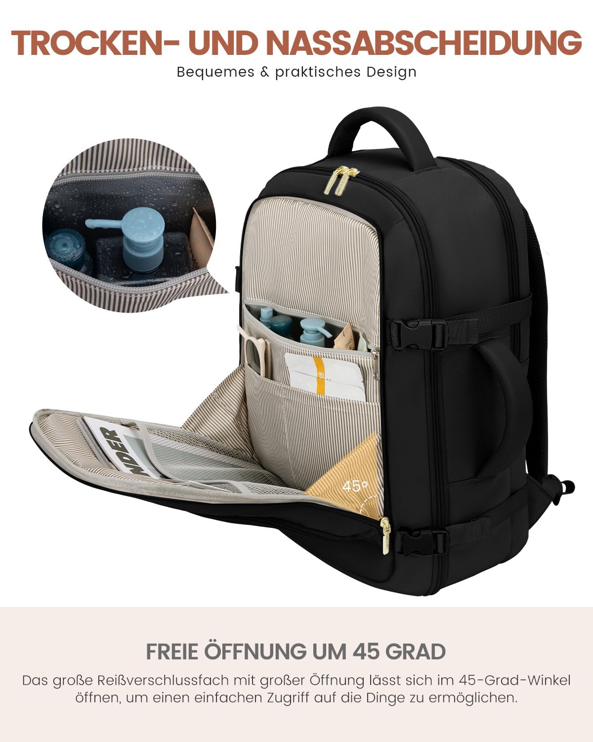 LOVEVOOK Handgepäck Rucksack Herren Damen, 40L Reiserucksack Flugzeug Travel Backpack für 17 Zoll Laptop, Groß Carry On Luggage Cabin Bag für Reise Geschäftsreise Business Wandern Weekend Schwarz