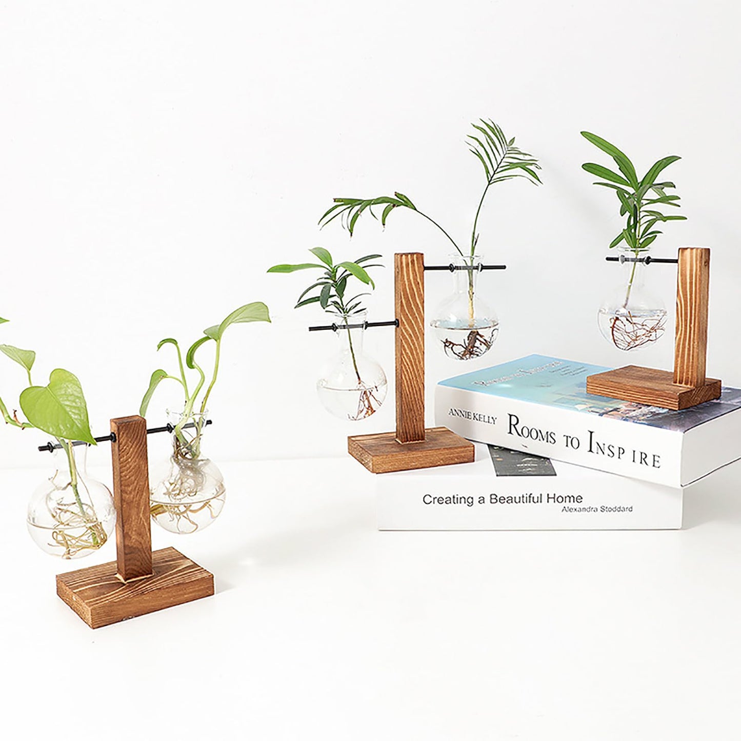 WUWEOT 3 Stück Hydroponik Glasvase mit Holz Halter Hängevase Blumenvase Tischvase Dekovase Birne Vintage Avocado Vase mit Holzständer Dekoration für Zuhause Garten Büro Schreibtisch