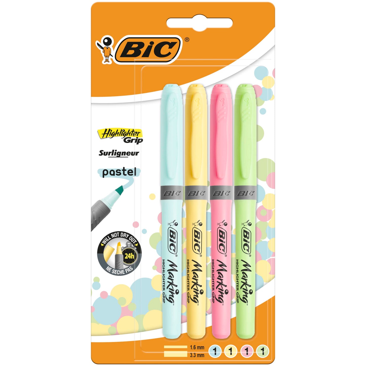 BIC Pastell Textmarker, Highlighter in 4 verschiedenen Pastellfarben, Strichstärke: 1.6mm - 3.3mm, mit Austrocknungsschutz, bunt