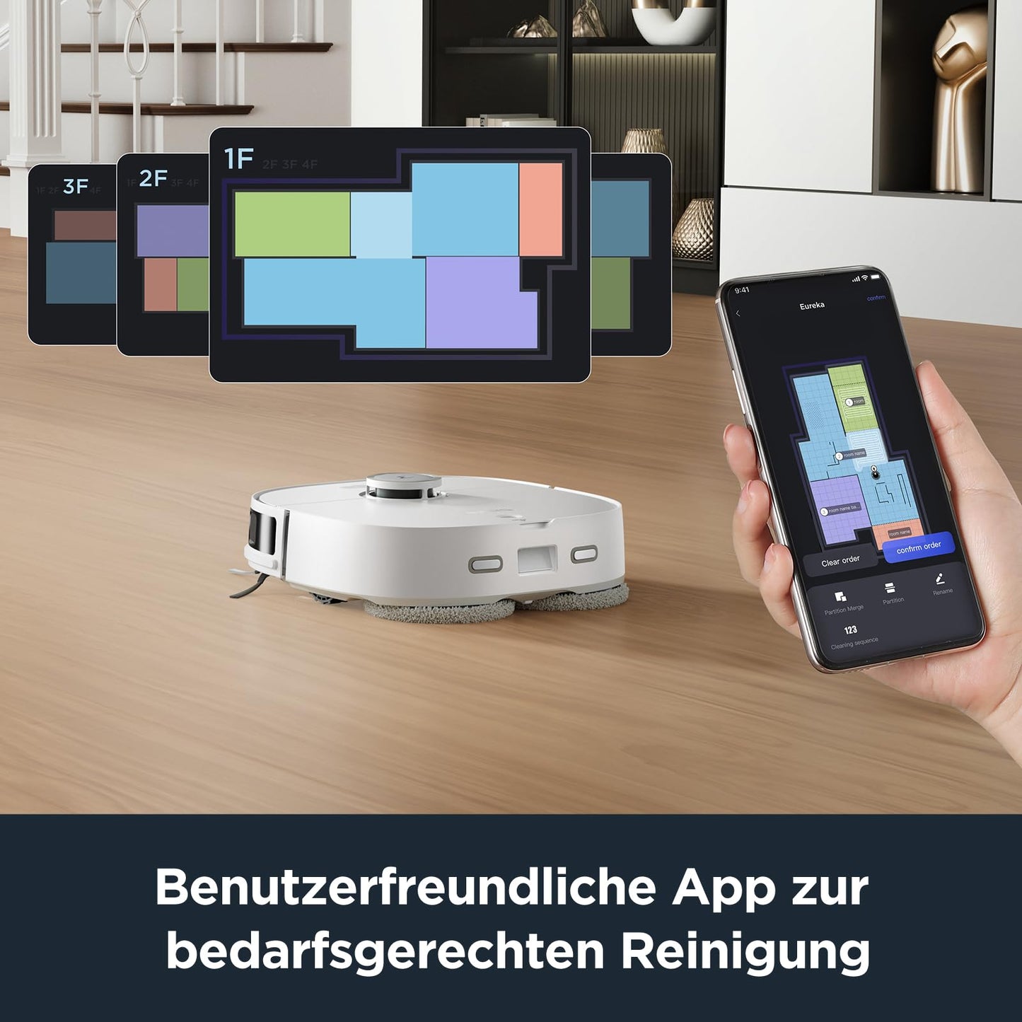 EUREKA J12 Ultra DE Saug- & Wischroboter + All-in-One Station (KI-3D-Hinderniserkennung, intelligente Haustierumgehung, Auto Teppicherkennung, ideal gegen Tierhaare, App- & Sprachsteuerung) weiß