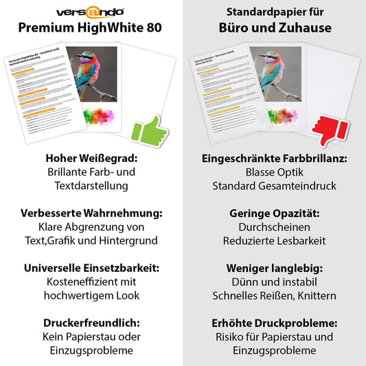 versando 5.000 Blatt Druckerpapier A4 hochweiß CIE161 Premium Kopierpapier (10x 500 Blatt HighWhite 80) strahlende Farben, klare Schrift, PEFC zertifiziert