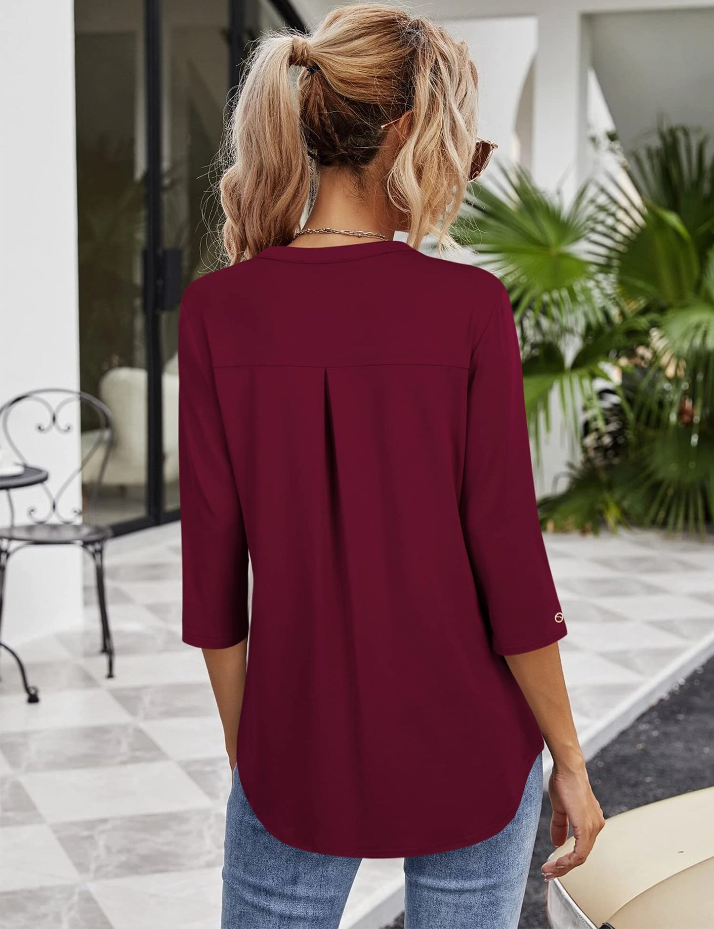 Gaharu Abendblusen Damen Festlich Elegant Arbeitsbluse Rot Oberteile Frauen Shirt V-Ausschnitt Langarm Longshirt Lässig Blusen & Tuniken für Damen 3/4 Arm Burgundy Bluse mit Stretch Weinrot,XXXL