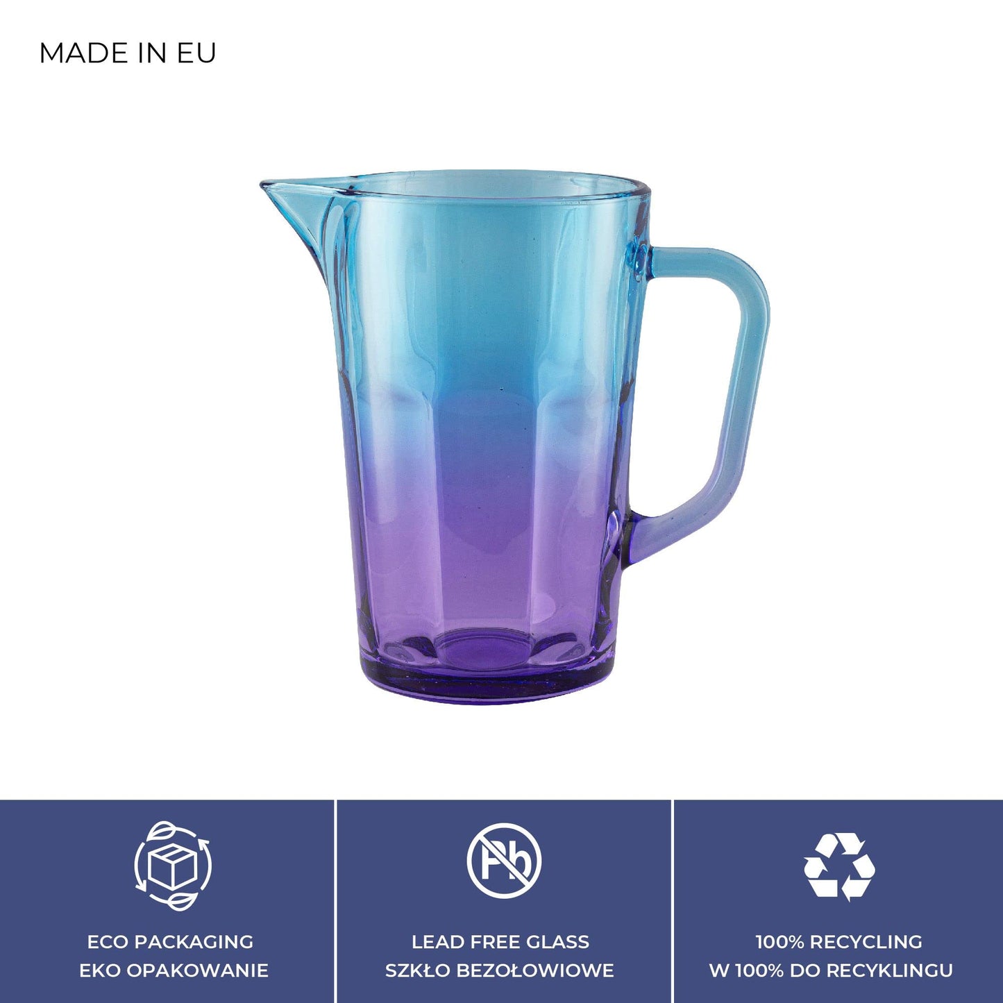 TREND FOR HOME Wasserkaraffe Glas 1 Liter mit Handlichem Griff Bunt Wasserkrug 19 cm Glaskanne Blau Lila Glaskrug Wasserkanne Glaskaraffe Glas Carafe Pitcher Glaskanne 1l Bunte | Gigi Dreamy Sunset