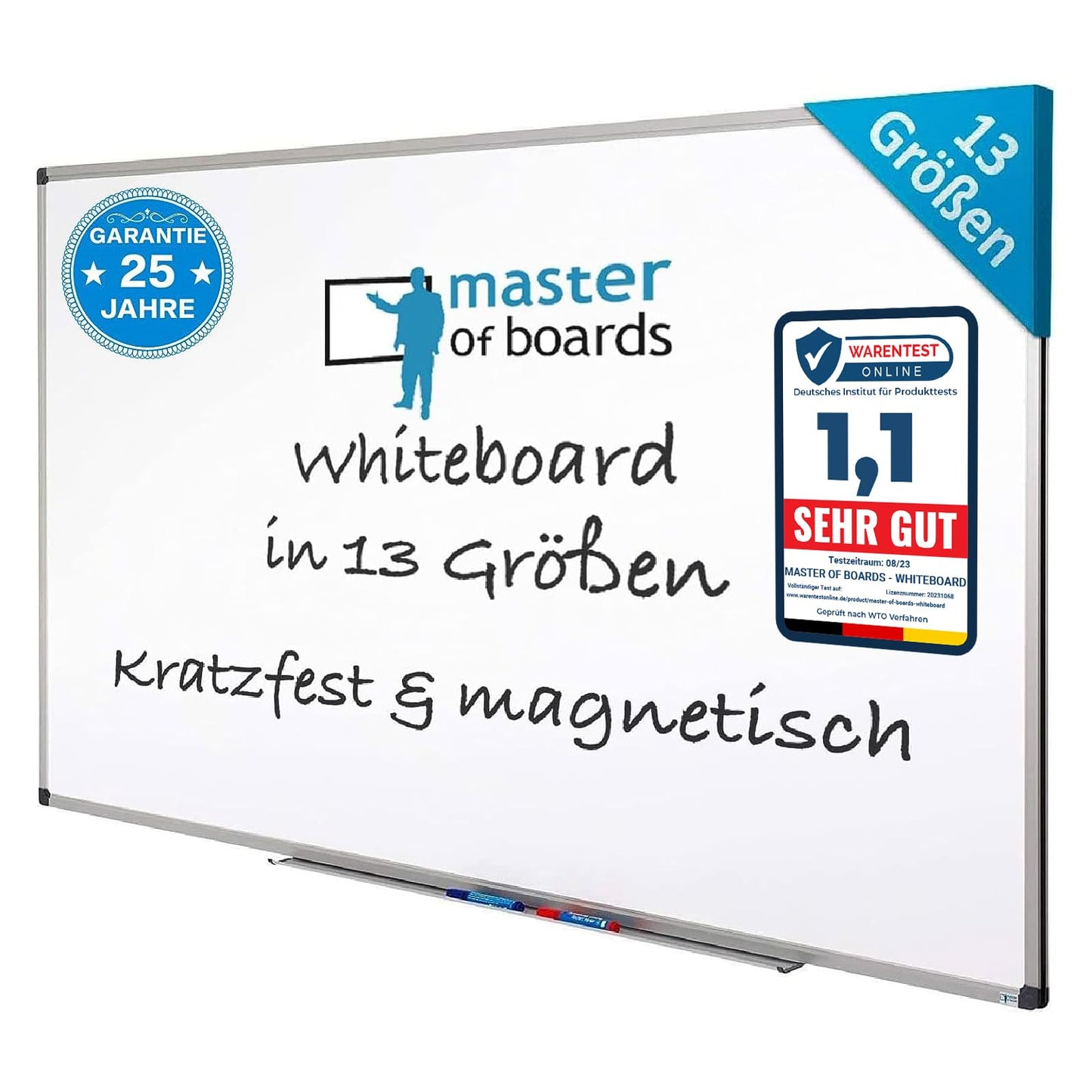 MOB Magnetisches Whiteboard 180x120cm mit Alurahmen und abnehmbare Stiftablage für Büro, Heim und Schule, Magnettafel kratzfest und trocken abwischbar | Magentboard in Hochkant oder Querkant