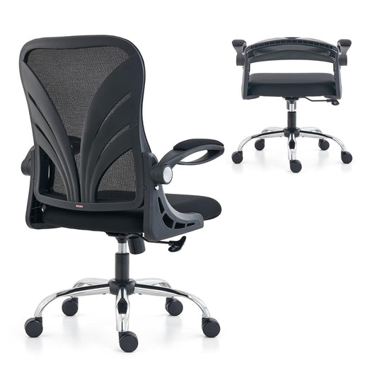 HOLLUDLE Ergonomischer Bürostuhl mit Klappbarer Rückenlehne, Schreibtischstuhl mit Erweitertem Sitz(52 cm), Hochklappbaren Armlehnen und Mesh Lendenwirbelstütze Drehstuhl Computerstuhl, Schwarz