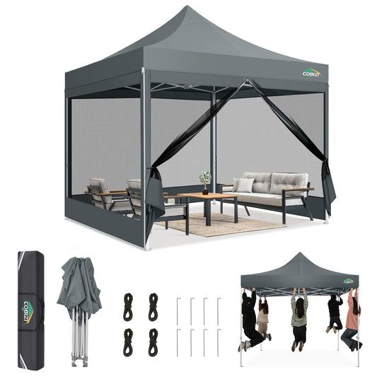 COBIZI Faltpavillon 3x3m wasserdicht (Grau) – Stabiles Gartenzelt mit 23mm Stahlrohren, UV50+ Sonnenschutz & atmungsaktiven Mesh-Seitenwänden für Camping, Partys & Marktstände + 600D Tragetasche