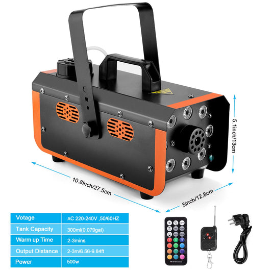 Nebelmaschine, HAKUTA wasserdichte Nebelmaschine 500W mit 2300 CFM Nebelausstoß und 2 Fernbedienungen, 8 LED Lichter mit Fade-, Blitz-, Smooth- und Strobe-Effekt für Party, Hochzeit, Halloween usw