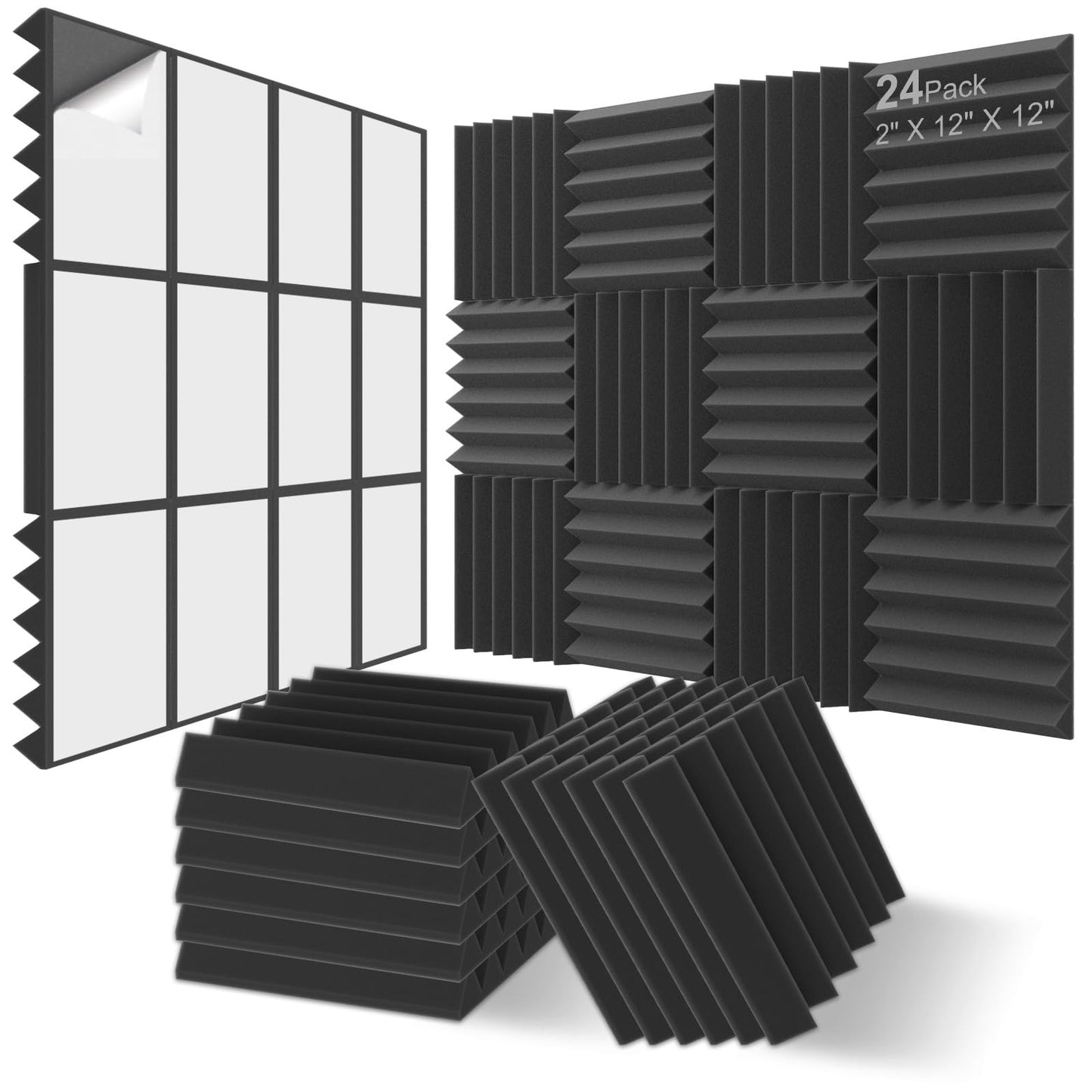 JBER Schalldichte Schaumstoffplatten, 5 x 30,5 x 30,5 cm, selbstklebende Akustik-Wandpolster für Heimbüro-Studios, Schwarz, 24 Stück