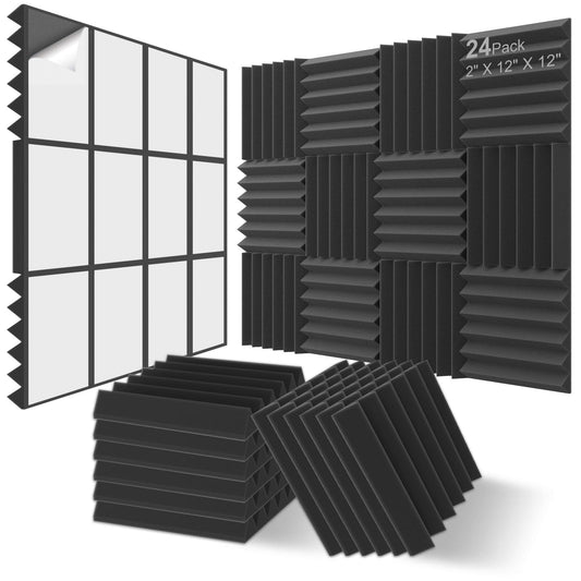 JBER Schalldichte Schaumstoffplatten, 5 x 30,5 x 30,5 cm, selbstklebende Akustik-Wandpolster für Heimbüro-Studios, Schwarz, 24 Stück
