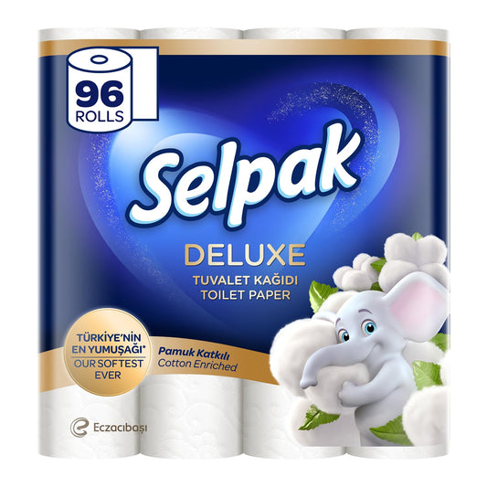 Selpak Deluxe Toilettenpapier 3-lagig, 4160 Blatt Klopapier Mit Baumwollfasern, Extra Weich und Stark, Toilet Paper, Wc Papier, 96 Rollen (3 x 32 Rollen)