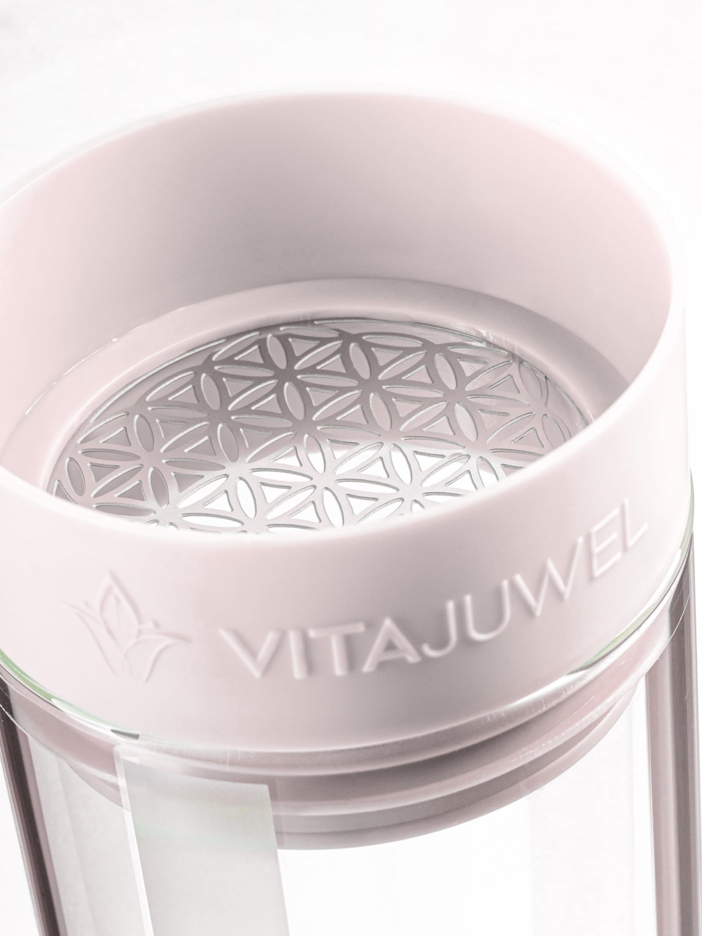 VitaJuwel Sana WELLNESS cloud white | Karaffe aus Glas mit Edelsteinen (Amethyst, Rosenquarz & Bergkristall) – beruhigend, ausgleichend, entspannend