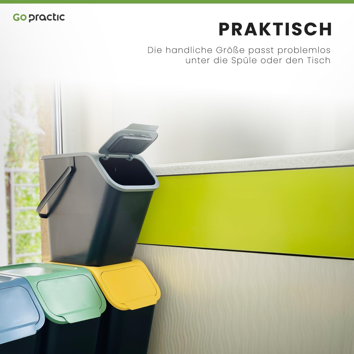 Go Practic 3-er Mülleimer-Set Küche Mülltrennsystem 3x Mülleimer 35l mit Deckel Stapelbar CLICK-Funktion