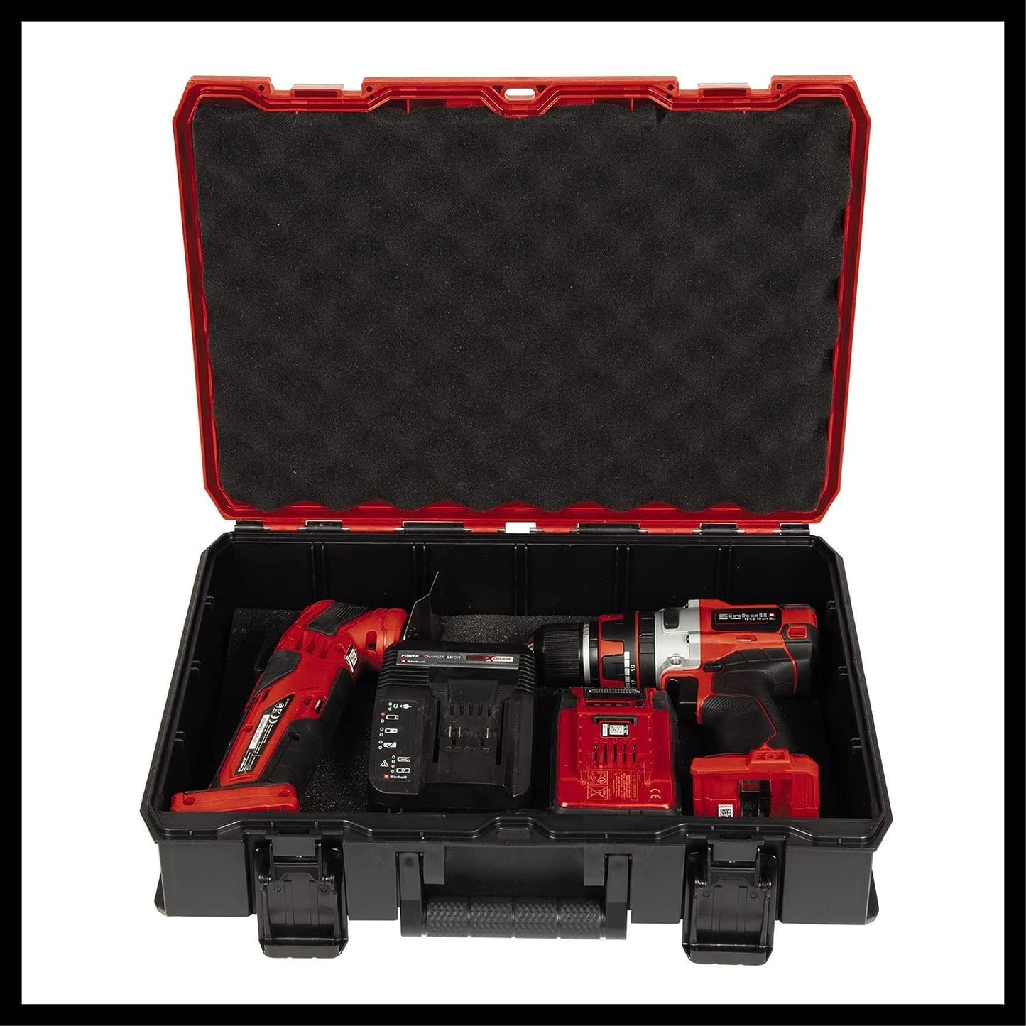 Original Einhell E-Case S-F Systemkoffer (max. 25 kg, universelle Aufbewahrung und Transport von Zubehör und Werkzeug, stapelbar, spritzwassergeschützt, inkl. 2x Schaumstoffeinlagen)