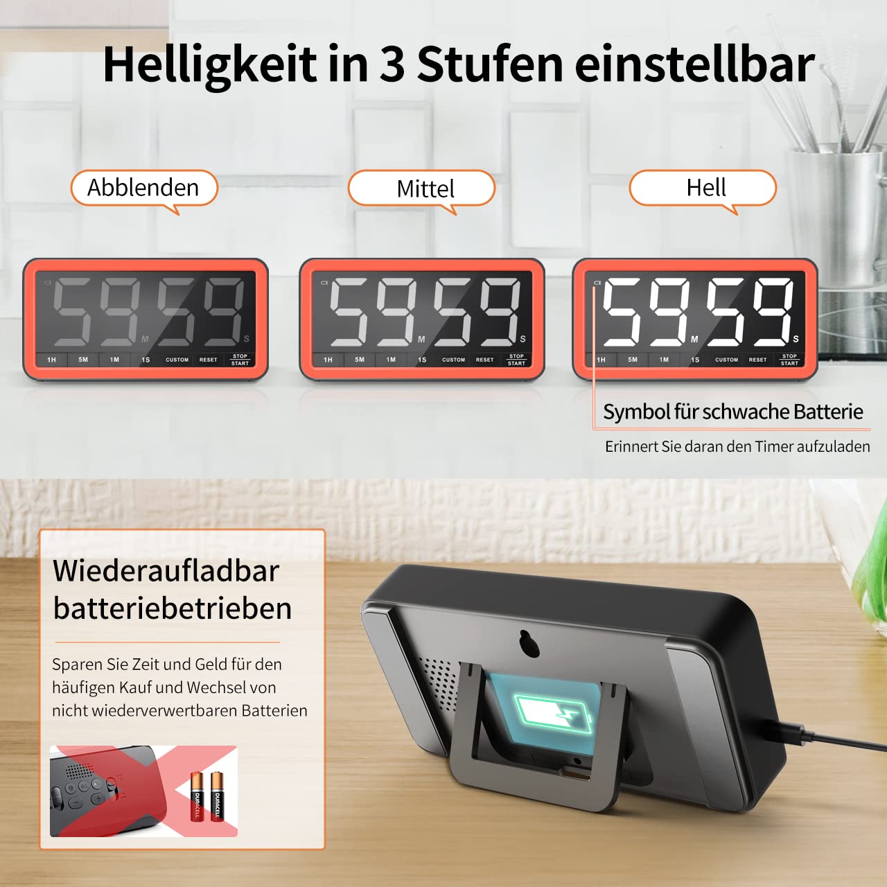 VOCOO Extra große Digitale Zeitschaltuhr: 19,8 cm LED-Bildschirm, starker Magnet, 3 Helligkeit, 4 Alarmtöne, 4 Lautstärken, Countdown Timer für Küche, Klassenzimmer, Fitnessstudio (Schwarz+Orange)