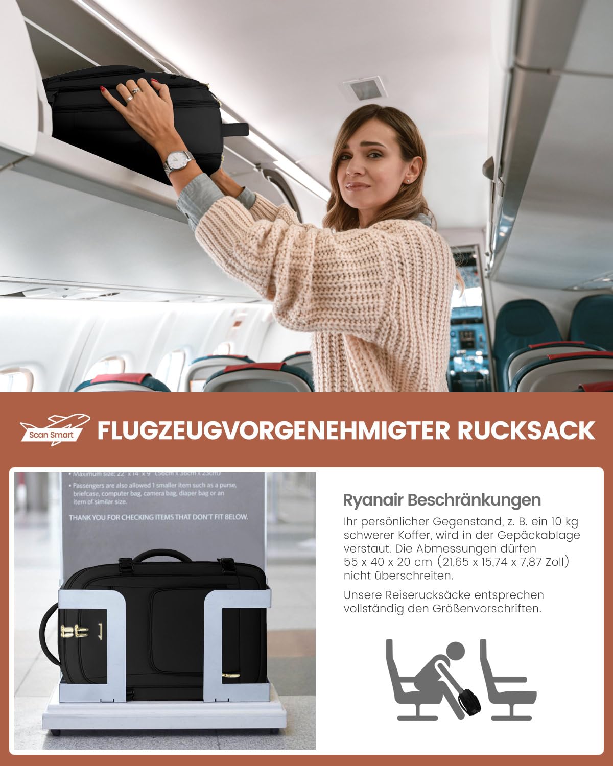 LOVEVOOK Handgepäck Rucksack Herren Damen, 40L Reiserucksack Flugzeug Travel Backpack für 17 Zoll Laptop, Groß Carry On Luggage Cabin Bag für Reise Geschäftsreise Business Wandern Weekend Schwarz