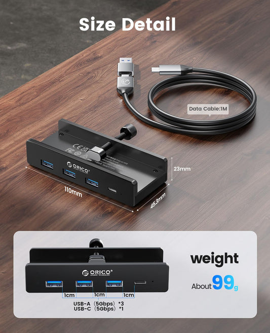 ORICO USB Hub, Aluminum USB 3.0 Hub Clip mit 5V Stromversorgungsanschluss, 5Gbps 4 Port USB Verteiler mit 3 USB-A 3.0 und 1 USB-C 3.0, 100cm Kabel (C auf A/C), für Monitoren, Schreibtischen, Schwarz