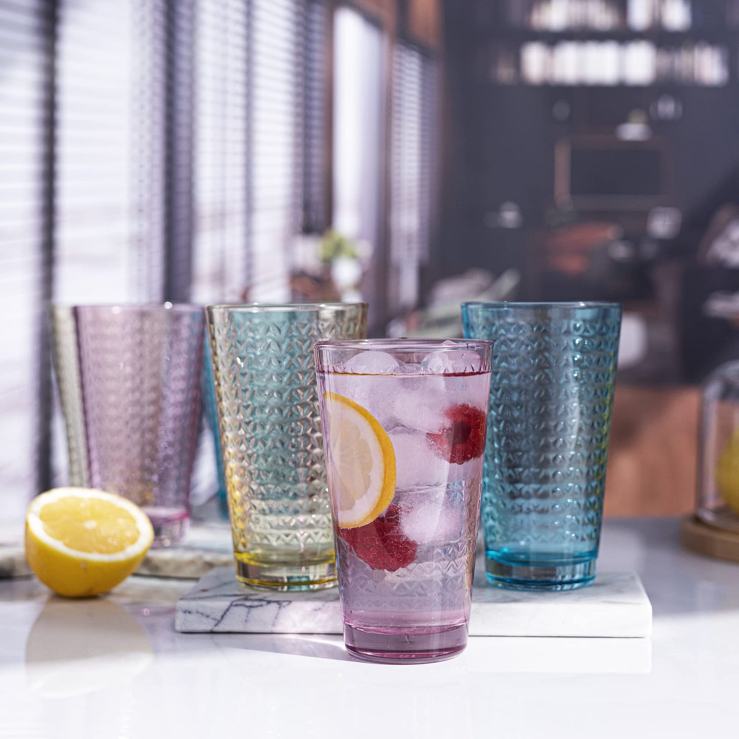 TREND FOR HOME Gläser Bunt 6er Set Trinkgläser 360 ml Cocktailgläser Wassergläser Set Bunt Longdrinkgläser Glas Tumbler Bunte Gläser Caipirinha Trinkglas Wasserglas Geometrisches Muster | Tressa