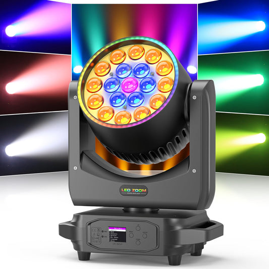 19 LED 285W Wash Zoom Moving Head Licht, RGBW 4 in 1 Professionelles Focus Dye Bühnenlicht mit Lichtstreifen und 4 Steuerungsmodi für Party KTV Konzert DJ Weihnachten Hochzeit Feiern