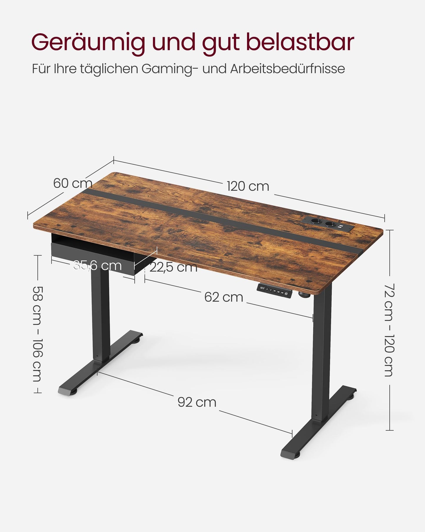 VASAGLE Höhenverstellbarer Schreibtisch elektrisch, 120 x 60 cm Tischoberfläche, Memory-Funktion mit 4 Höhen, mit Steckdosen und Stoffschublade, vintagebraun-tintenschwarz LSD112X01