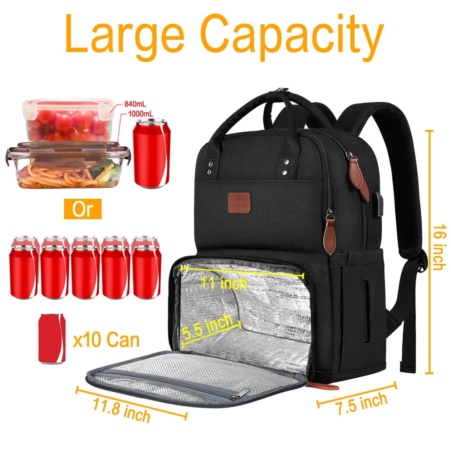 MATEIN Lunch Rucksack, Laptop Rucksack Herren 15,6 Zoll mit Isoliertes Kühlfach, Kühlrucksack mit USB Ladeanschluss, Wasserdicht Kühltasche Lunch Tasche Damen Reisen Arbeit, Schwarz