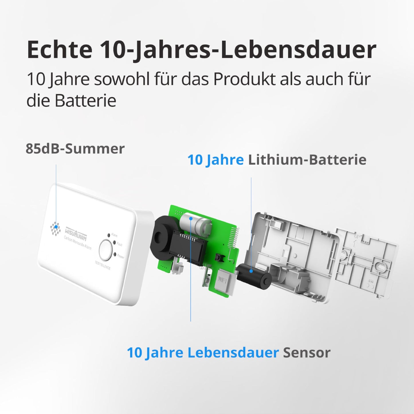 Wisualarm Kohlenmonoxid Melder, CO Melder 10 Jahre Batterie, CO Warner Zertifiziert durch TÜV nach EN50291