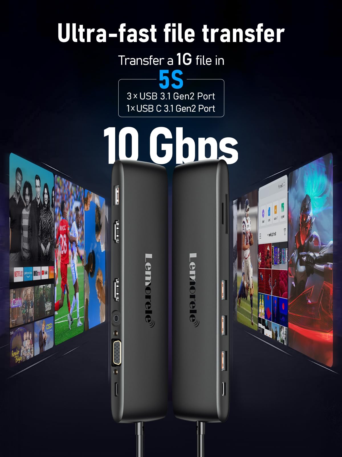 USB C Docking Station mit 10Gbps USB C/A Datenanschluss,Lemorele 12-in-1 Adapter mit Dual 4K HDMI, VGA, 4 USB A 3.1/2.0, USB C 3.1 Hub,100W PD,SD/TF,Audio, für Windows, MacBook, Dell usw