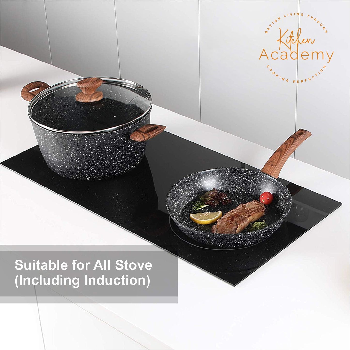 Kitchen Academy Induktions Töpfe Set 17-teilig, Kochtopf Set mit Glasdeckeln, Granit Töpfe und Pfannen Set Schwarz