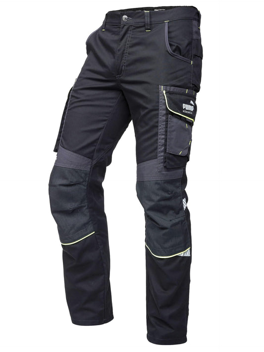 PUMA Workwear Precision X Arbeitshose für Herren - Premium Bundhose mit vielen Taschen und verstärkten Kniepartien - für Handwerk, Produktion und Baugewerbe, Farbe: Schwarz/Neon, Gr.: 50