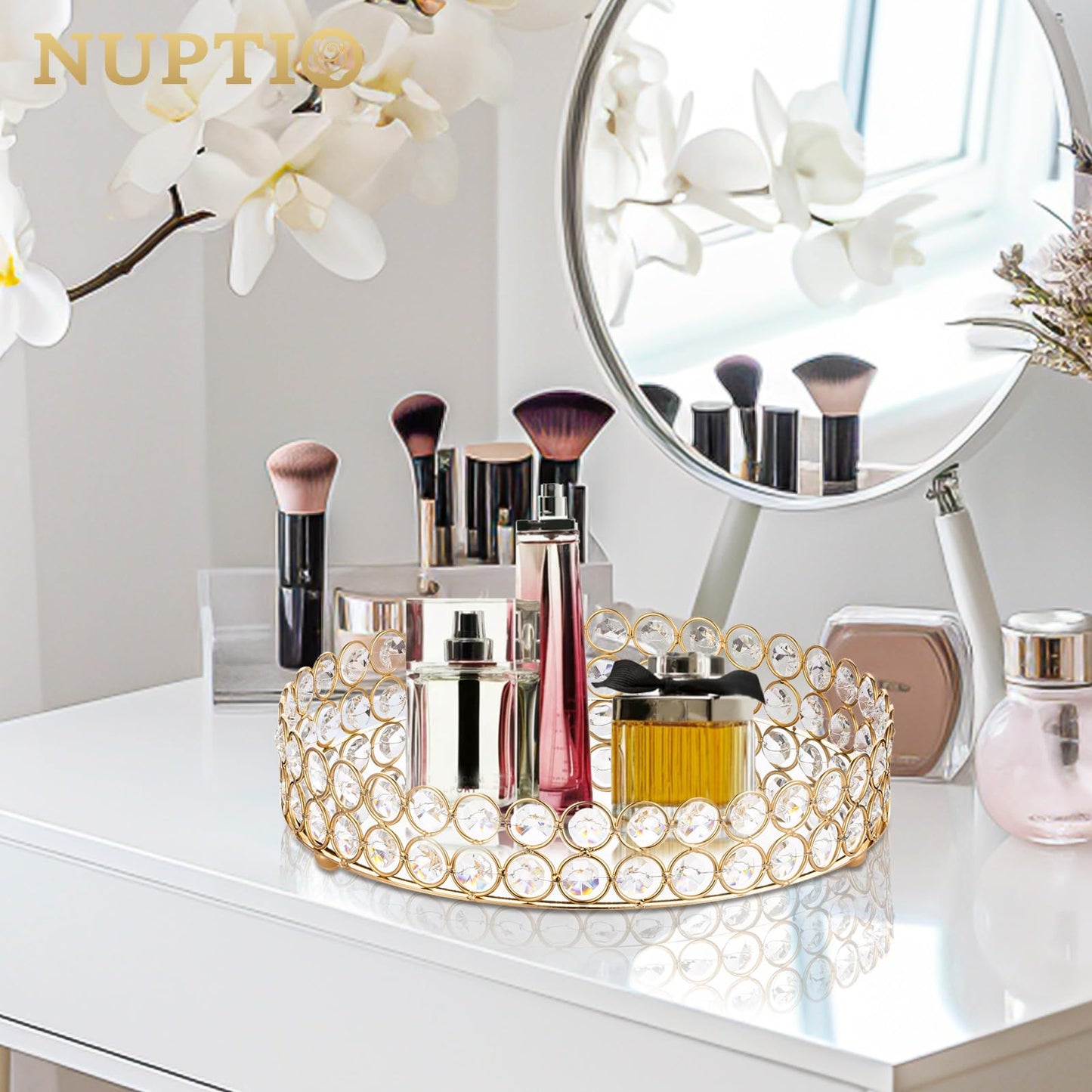 NUPTIO Tablett Spiegel Deko Kristallwaschtisch: 25cm Durchmesser Make Up Organizer Verziertes Deko Tablett für Parfüm Schmuck Kerzen und Make-up Weihnachten Hochzeitsfeier Wohnzimmer Deko