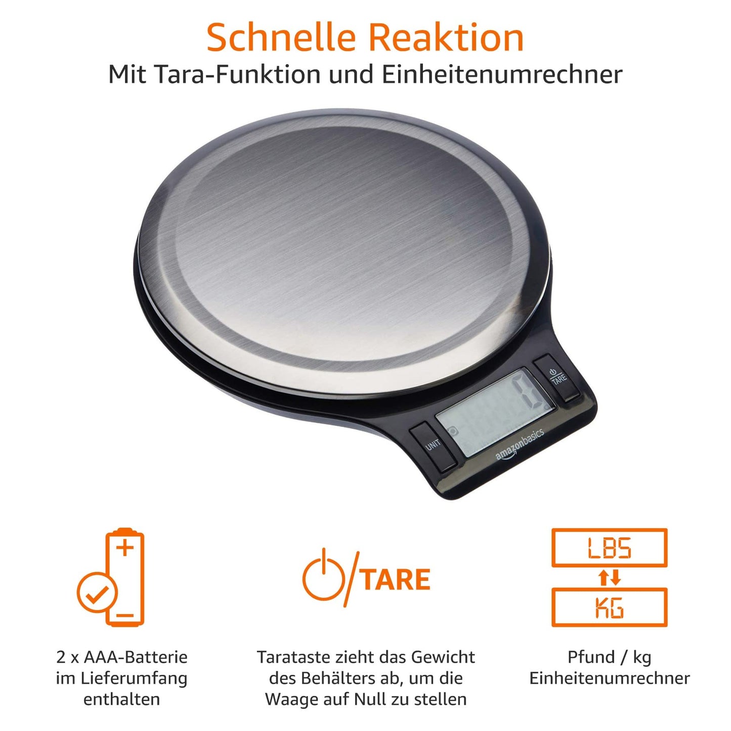Amazon Basics Digitale Küchenwaage mit LCD-Anzeige (mit Batterien), Edelstahl, BPA-frei, Wiegt bis zu 11 Pfund, Schwarz