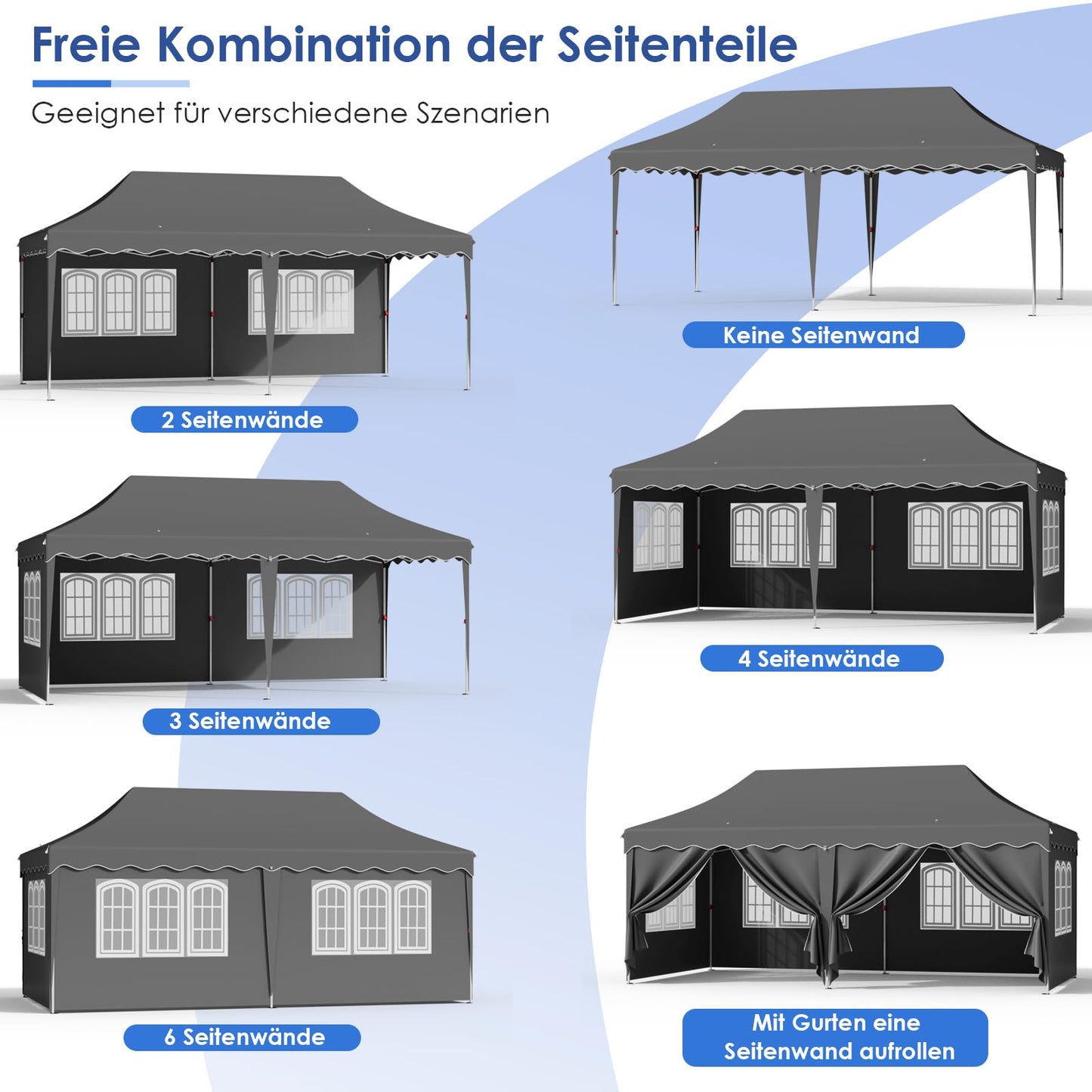 Faltpavillon 3x6 Pavillon Wasserdicht Stabil, Faltbar Gartenzelt 3x6 mit 6 Seitenwänden,UV Schutz 50+ Partyzelt con 12 Erdhaken 6 Seile und 6 Sandsäcke,Gartenpavillon für Markt,Hochzeiten,Freien, Grau