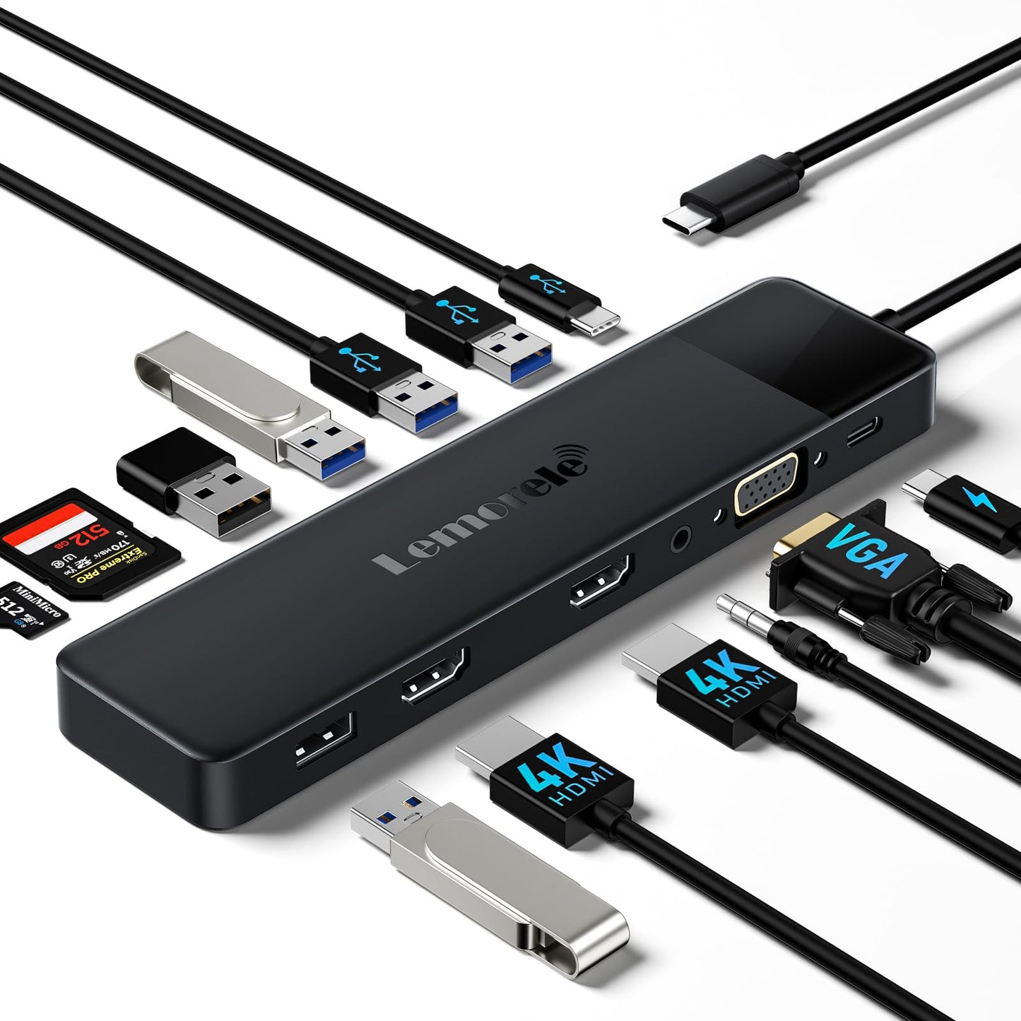 2024 Upgrade Docking Station USB C Hub 3*Display- 14 in 1, Lemorele USB C Dock 2 HDMI Adapter 4K, 3 USB 3.0, 2 USB 2.0, VGA, Type-C 3.0, PD 100W, Audio, SD/TF, für Windows, MacBook, Dell