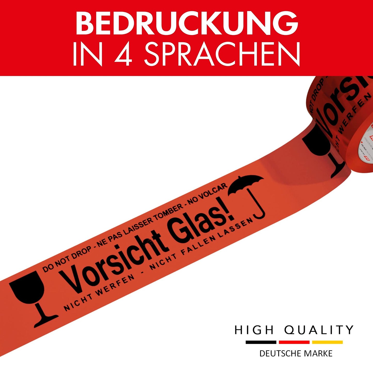 Paketband Vorsicht Glas zerbrechlich 5cm x 66m in rot (6 Rollen) - Vorsicht Glas Paketband extra stark - Klebeband mehrsprachig für fragile und zerbrechliches Glas - Paketklebeband als Rollenset