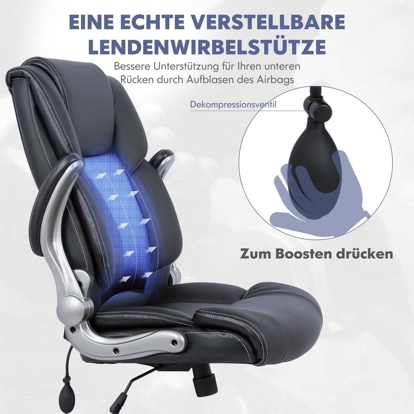 COLAMY Bürostuhl mit Hoher Rückenlehne, Ergonomischer Computer-Schreibtischstuhl, Lederstuhl mit Gepolsterten Klapparmlehnen, Verstellbarer Neigungsverschluss, Drehstuhl für Erwachsene, Schwarz