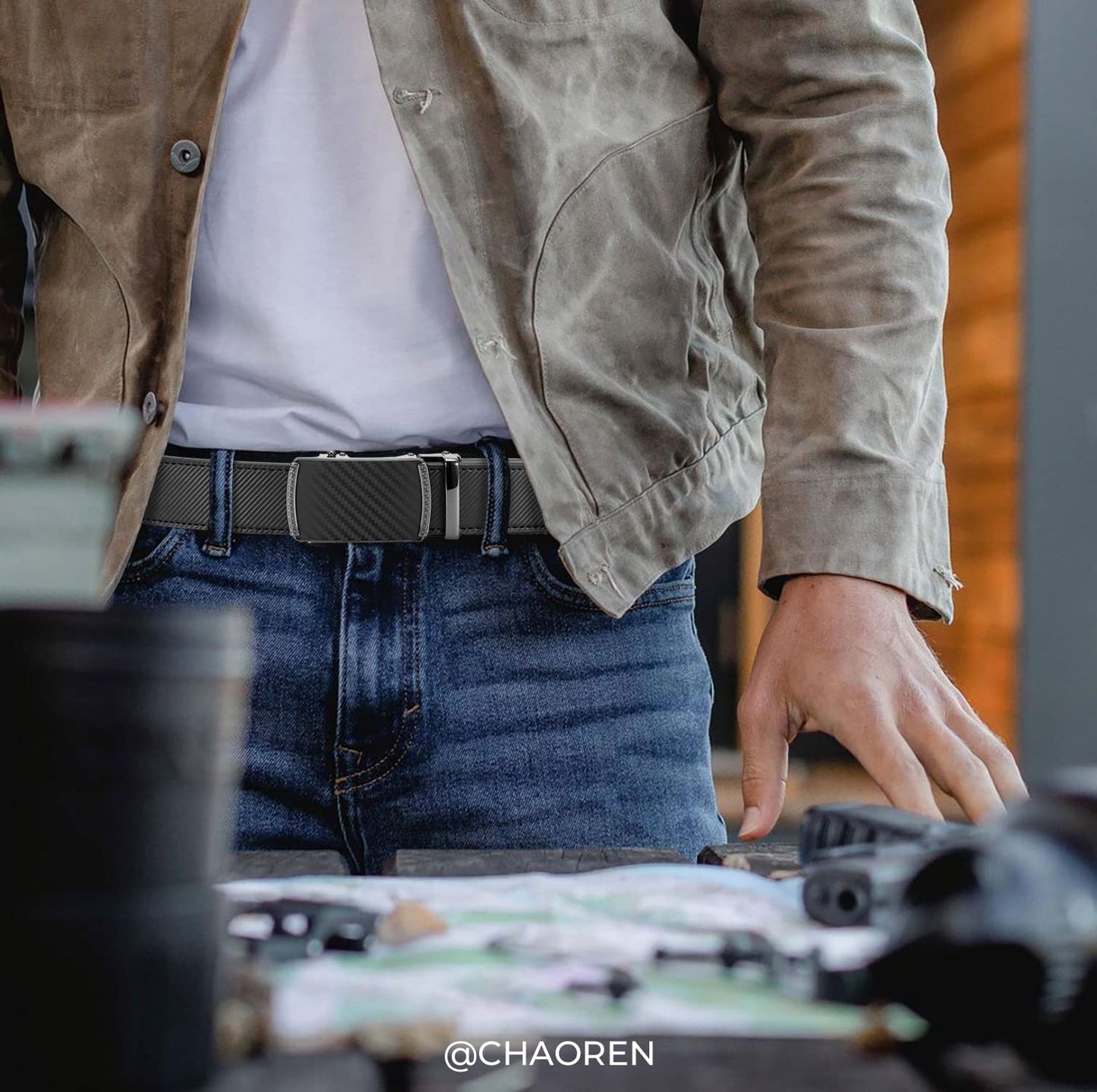 CHAOREN Gürtel Herren, Automatik Ledergürtel Herren Ratsche für Herren Business Anzug, 35mm Gürtel ohne Löcher, Größe Angepasst