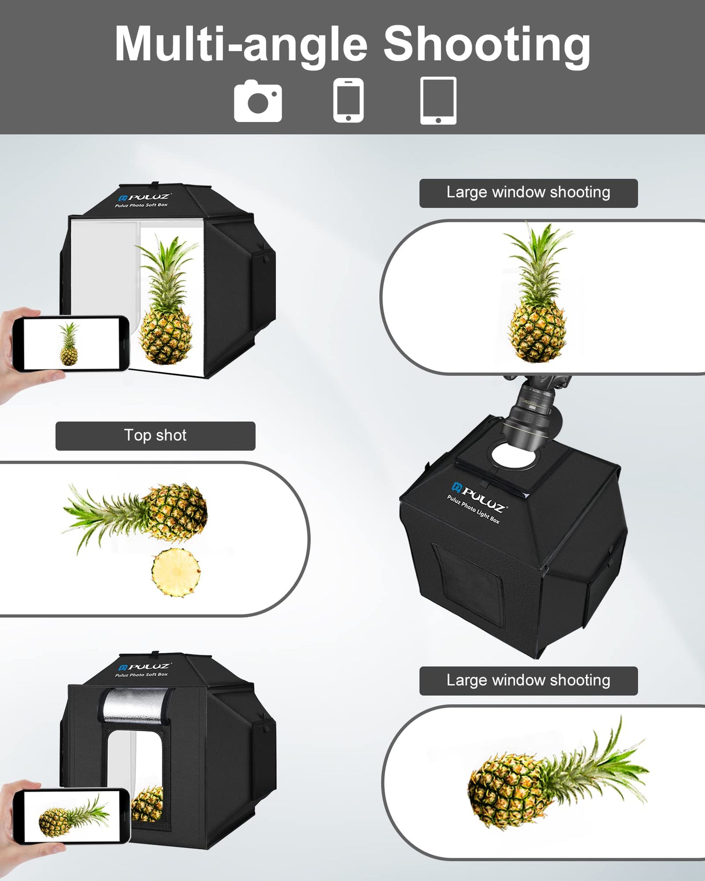 PULUZ Upgrade Fotozelt mit Beleuchtung 480 LED-Leuchten, Fotobox 40cm, Professionelles Fotobox mit 3 Leuchttafeln 5500K & 4 farbigen PVC-Hintergründen für Schmuck und Produktfotografie