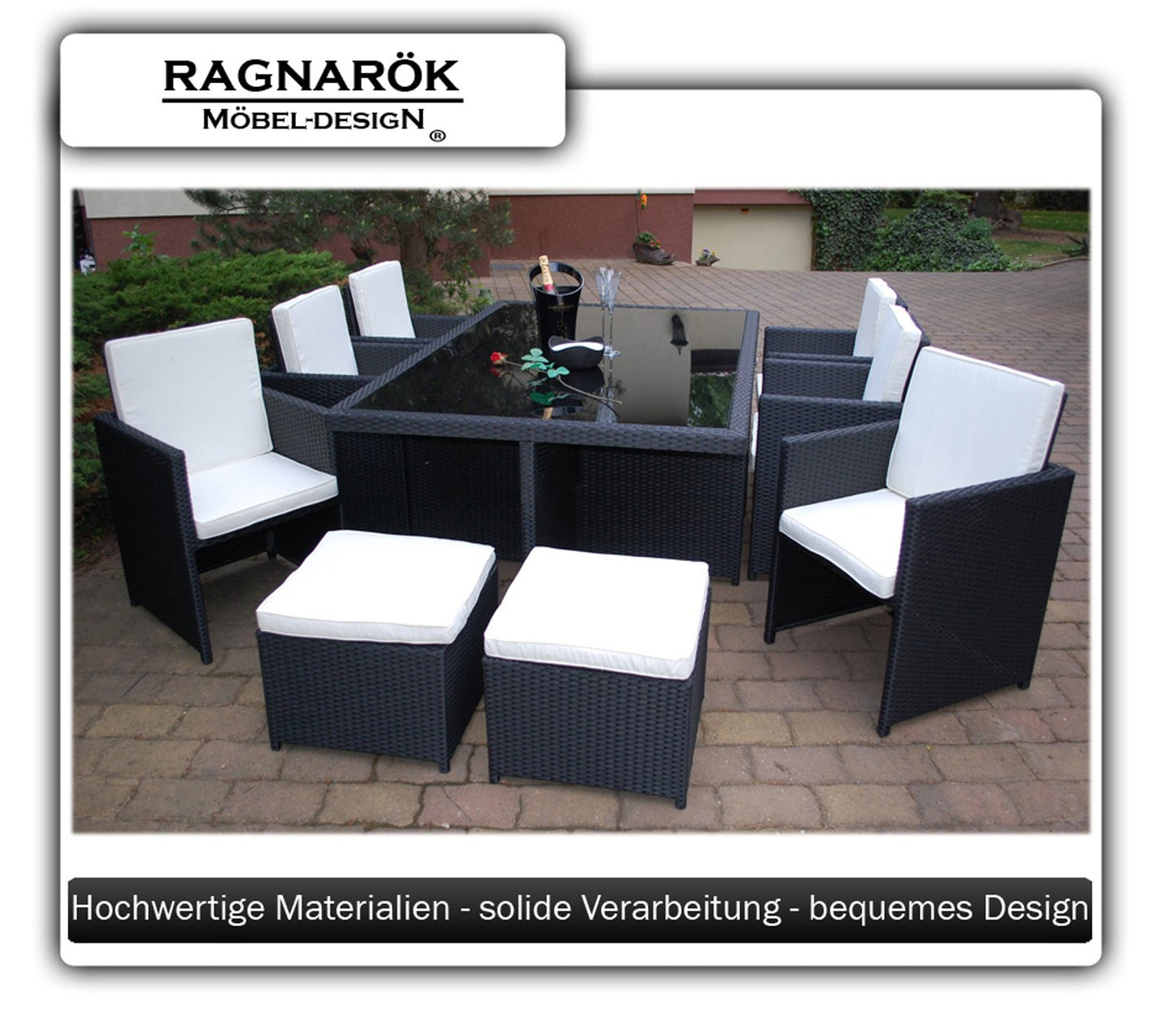 Ragnarök-Möbeldesign PolyRattan Essgruppe - DEUTSCHE Marke - EIGNENE Produktion - 8 Jahre GARANTIE - 6 Stuhl 4 Hocker Garten Möbel Glas Polster schwarz Gartenmöbel Dinning Aluminium Rostfrei