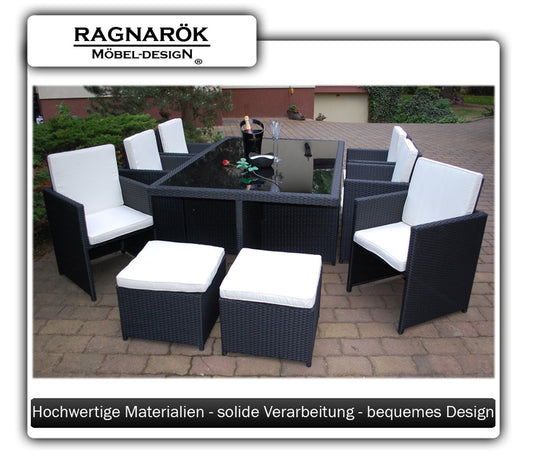 Ragnarök-Möbeldesign PolyRattan Essgruppe - DEUTSCHE Marke - EIGNENE Produktion - 8 Jahre GARANTIE - 6 Stuhl 4 Hocker Garten Möbel Glas Polster schwarz Gartenmöbel Dinning Aluminium Rostfrei