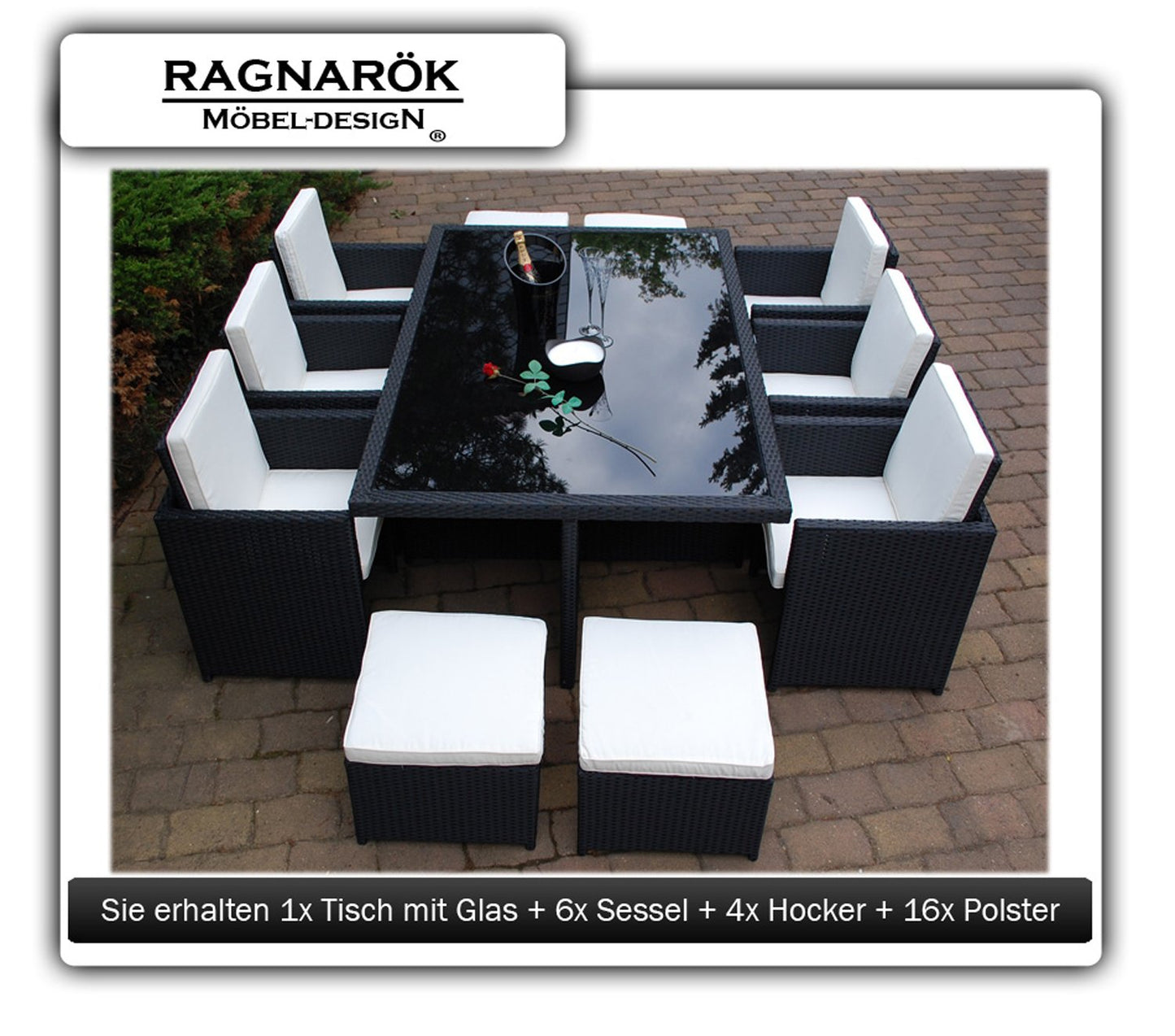 Ragnarök-Möbeldesign PolyRattan Essgruppe - DEUTSCHE Marke - EIGNENE Produktion - 8 Jahre GARANTIE - 6 Stuhl 4 Hocker Garten Möbel Glas Polster schwarz Gartenmöbel Dinning Aluminium Rostfrei