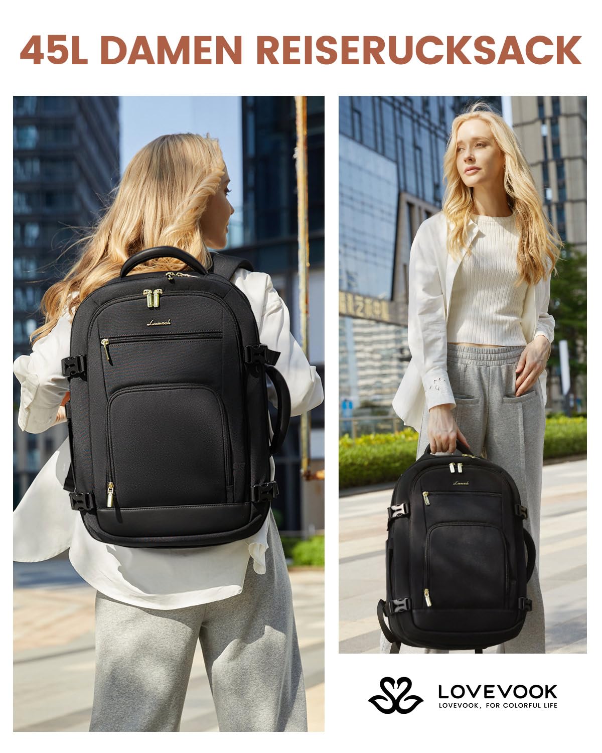 LOVEVOOK Handgepäck Rucksack Herren Damen, 40L Reiserucksack Flugzeug Travel Backpack für 17 Zoll Laptop, Groß Carry On Luggage Cabin Bag für Reise Geschäftsreise Business Wandern Weekend Schwarz