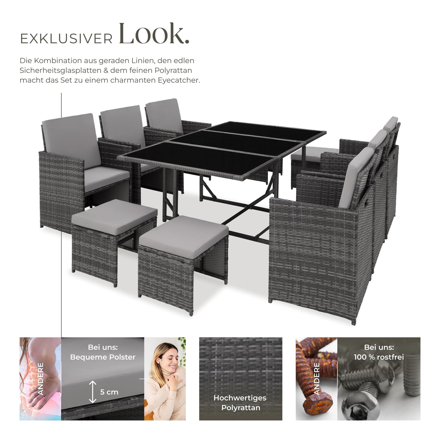 tectake® Outdoor Balkon Gartenmöbel Set, Lounge mit 6 Stühlen, 4 Hocker, 1 Tisch und Schutzhülle, Poly Rattan Geflecht, wetterfest, platzsparend - grau