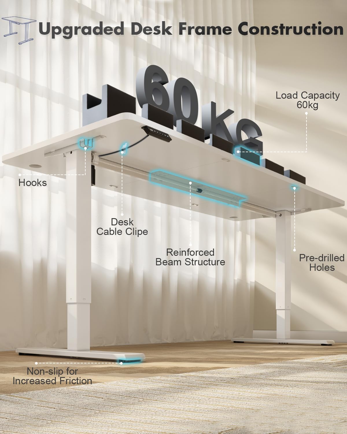 JUMMICO Höhenverstellbarer Schreibtisch mit USB-Ladeanschluss,Schreibtisch Höhenverstellbar Elektrisch, Steh-Sitz Tisch Stehpult Verstellbarer Computertisch,Standing Desk,120 x 60 cm, Weiß
