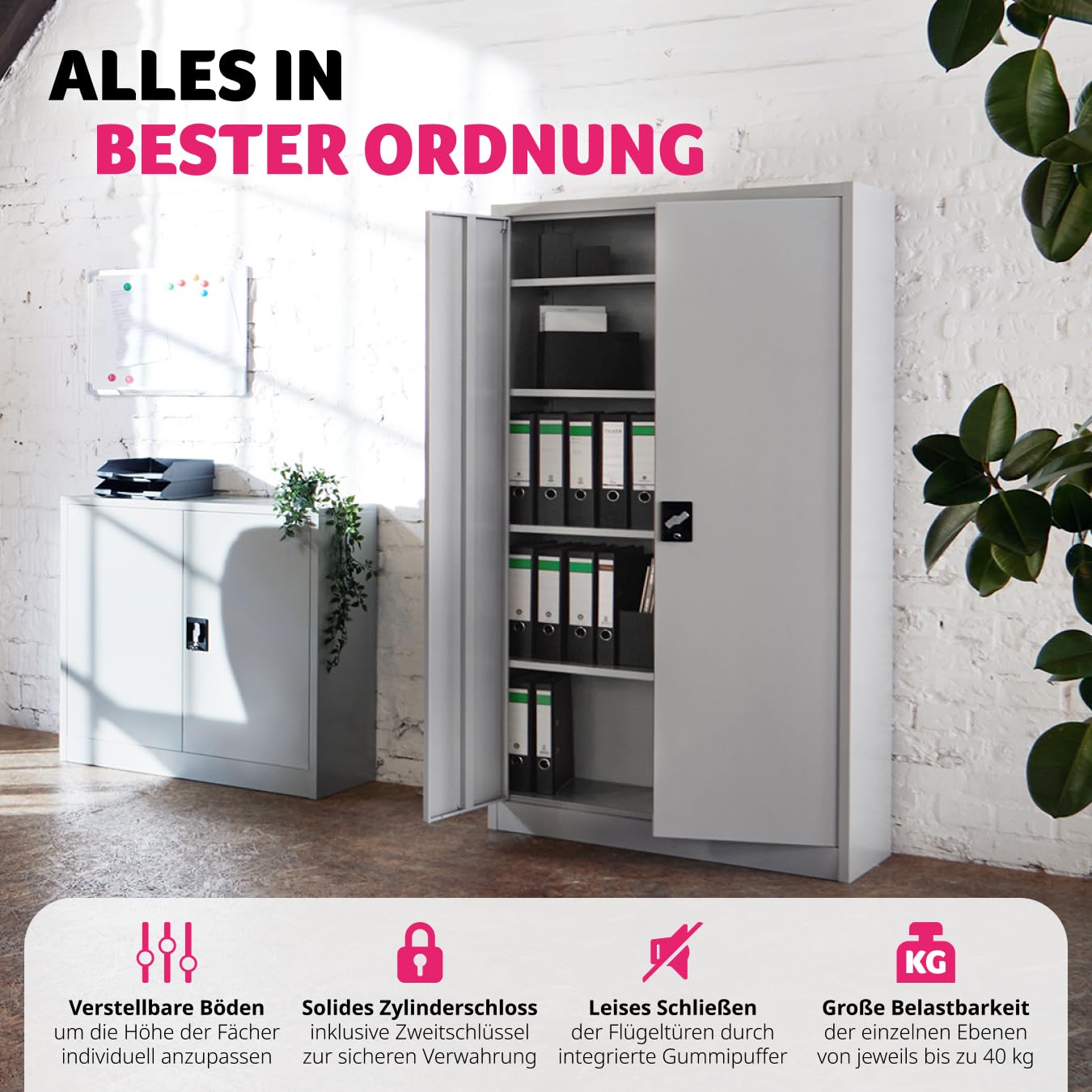 tectake Aktenschrank, Büroschrank abschließbar, Mehrzweckschrank aus Stahl, Allzweckschrank, mit 2 Türen, inkl. 3 höhenverstellbare Einlegeböden, 140x90x40 cm - grau