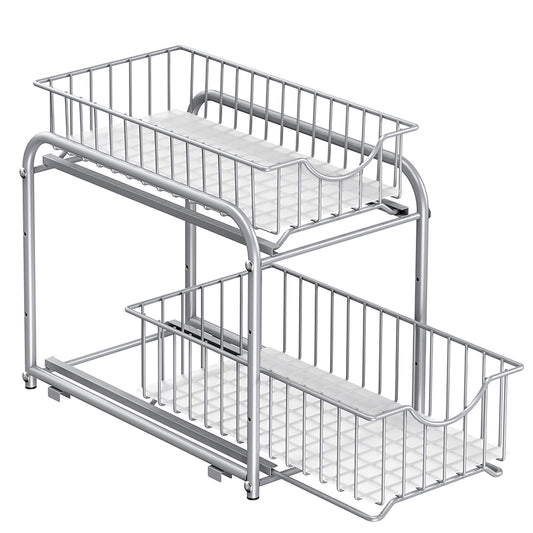 SONGMICS Küchenschrank Organizer, Küchenregal, Ordnungssystem, 2 Ebenen, stapelbar, erweiterbar, mit Metallkörben, für Küche, metallisches Silber KCS017E01