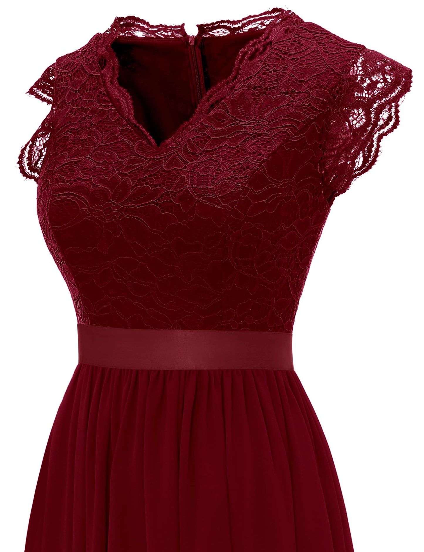 Dressystar Damen Lang Ballkleid Spitze Chiffon V Ausschnitt Maxilang Abendkleid Elegant für Hochzeit Cocktailkeider Dunkelrot M