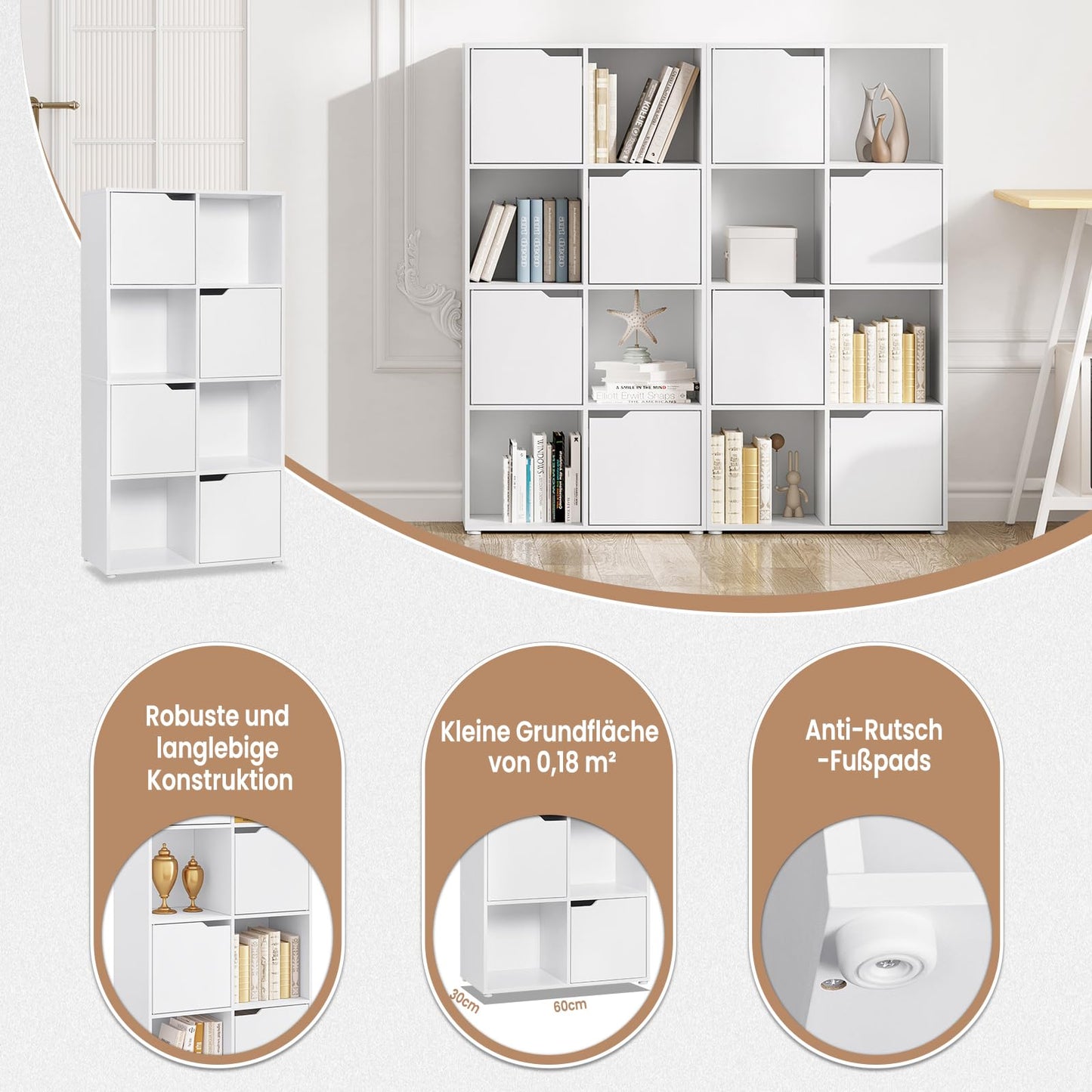 WOLTU 8-Fächer-Bücherregal, Weiß, Würfelregal mit 4 Türen, Kompaktes Standregal für Wohnzimmer, Schlafzimmer und Büro, 60x120x30 cm