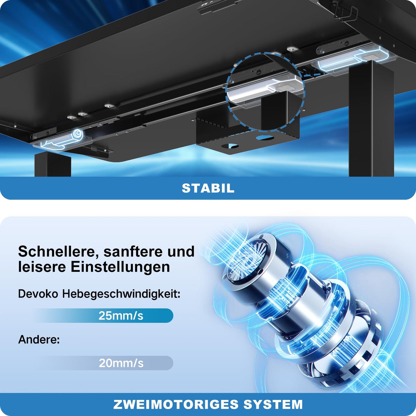 Devoko Höhenverstellbarer Schreibtisch mit 2 Motoren，25mm Einteilige Tischplatte, 160x80 cm Mobiler Elektrisch Computertisch mit Kabel Management, Schwarz - Perfekte Ergonomie für Dein Büro