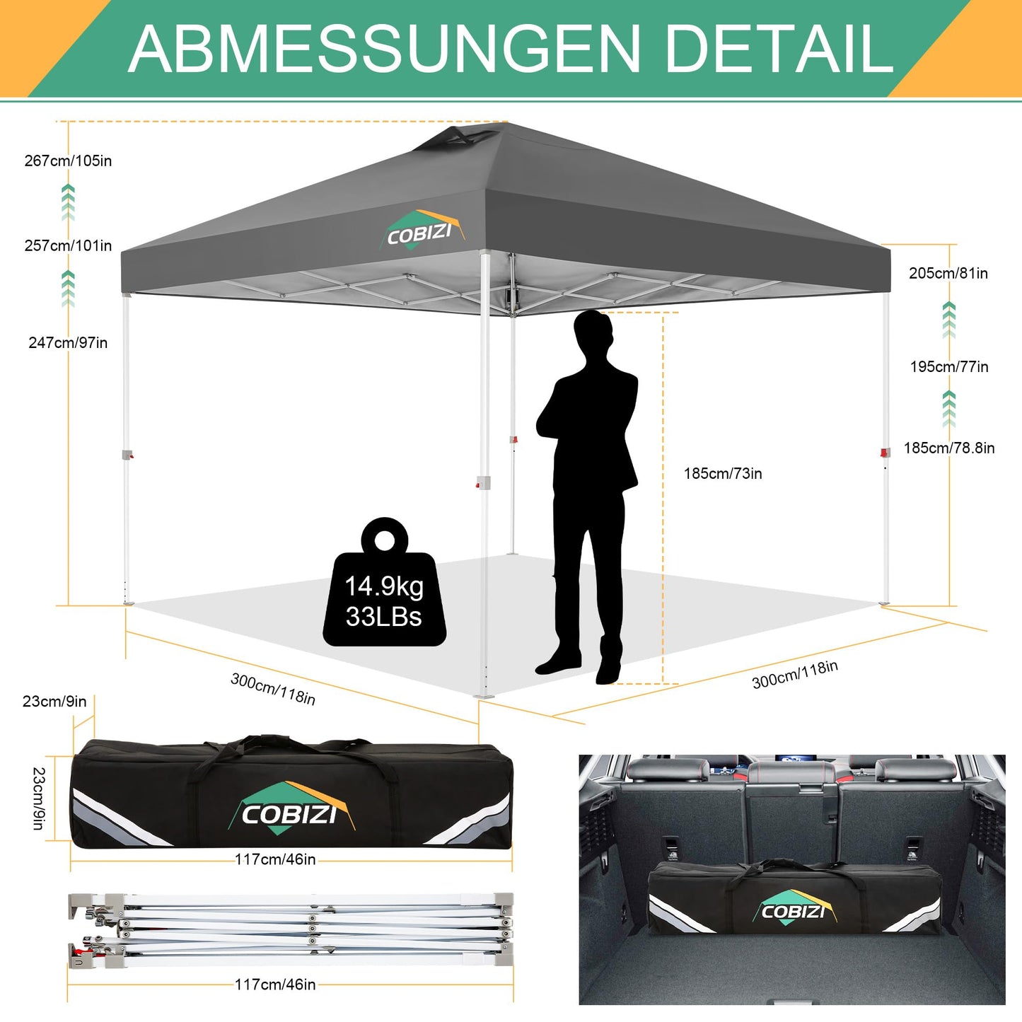 COBIZI Pavillon 3x3 Faltpavillon 3x3 wasserdicht stabil Winterfest mit | Pop-Up Klicksystem | UV-Schutz 50+ | Partyzelt Garten Zelt klappbar 3x3m mit Lüftungsöffnung inkl. Tasche & 8X Erdspieße, Grau